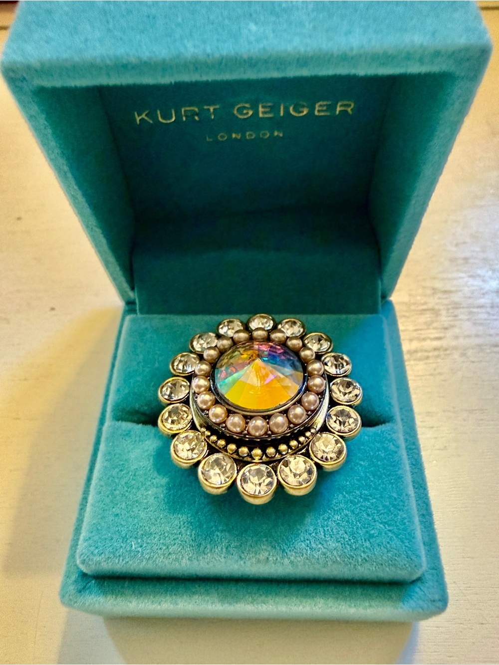 Kurt Geiger Stunning Antique Gold-Tone Halo Ring with Iridescent Center - Picture 2 of 10